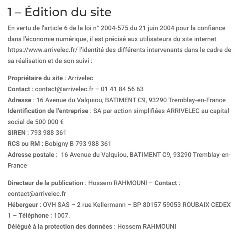 Mentions légales Arrivelec - Panneaux solaires photovoltaïques